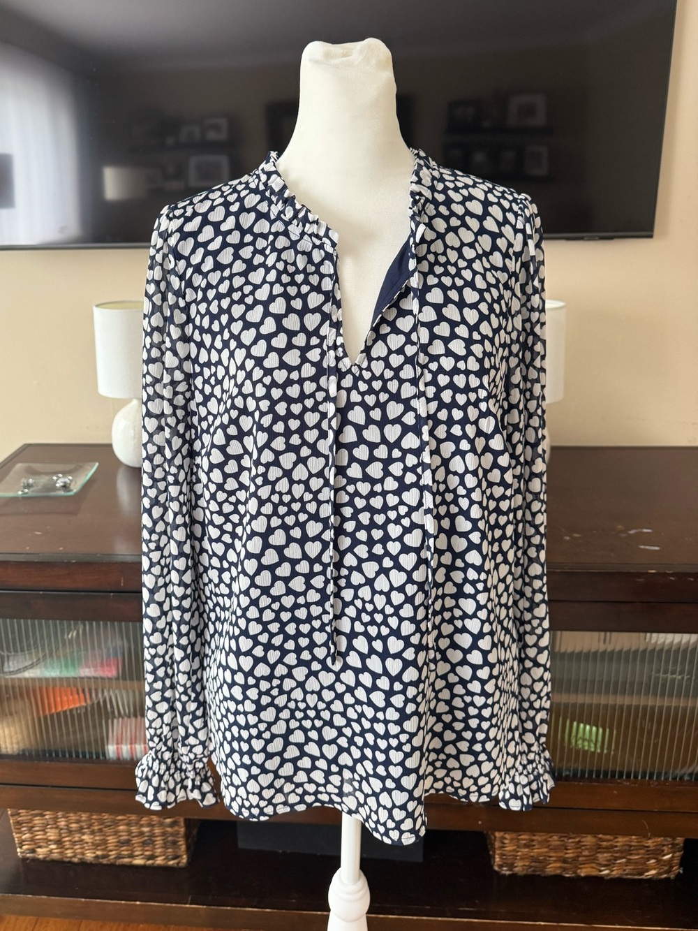 J. Crew Navy and White Heart-Print Long Sleeve Blouse